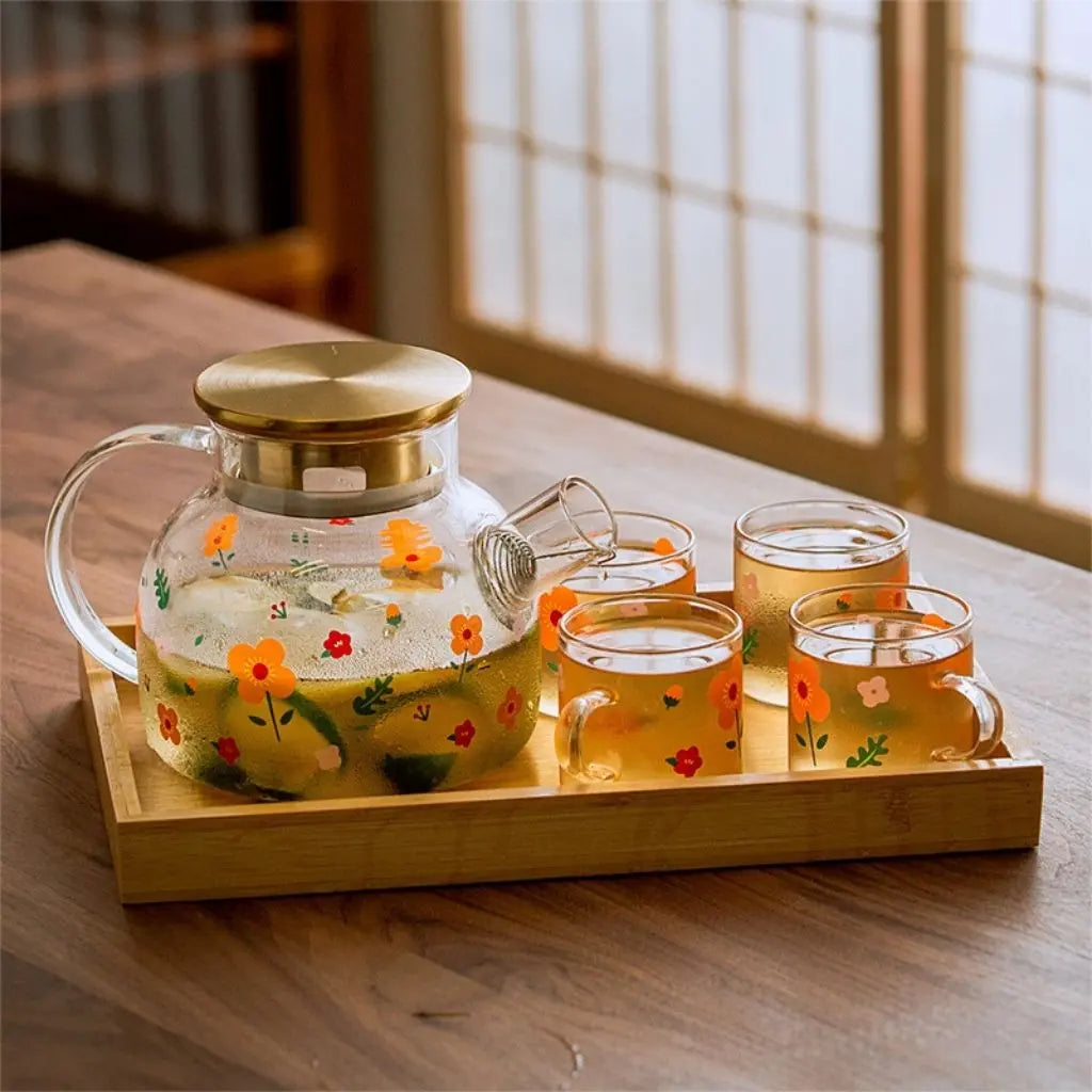 Sunflower Bloom Borosilicate Glass Kettle Tea Set
