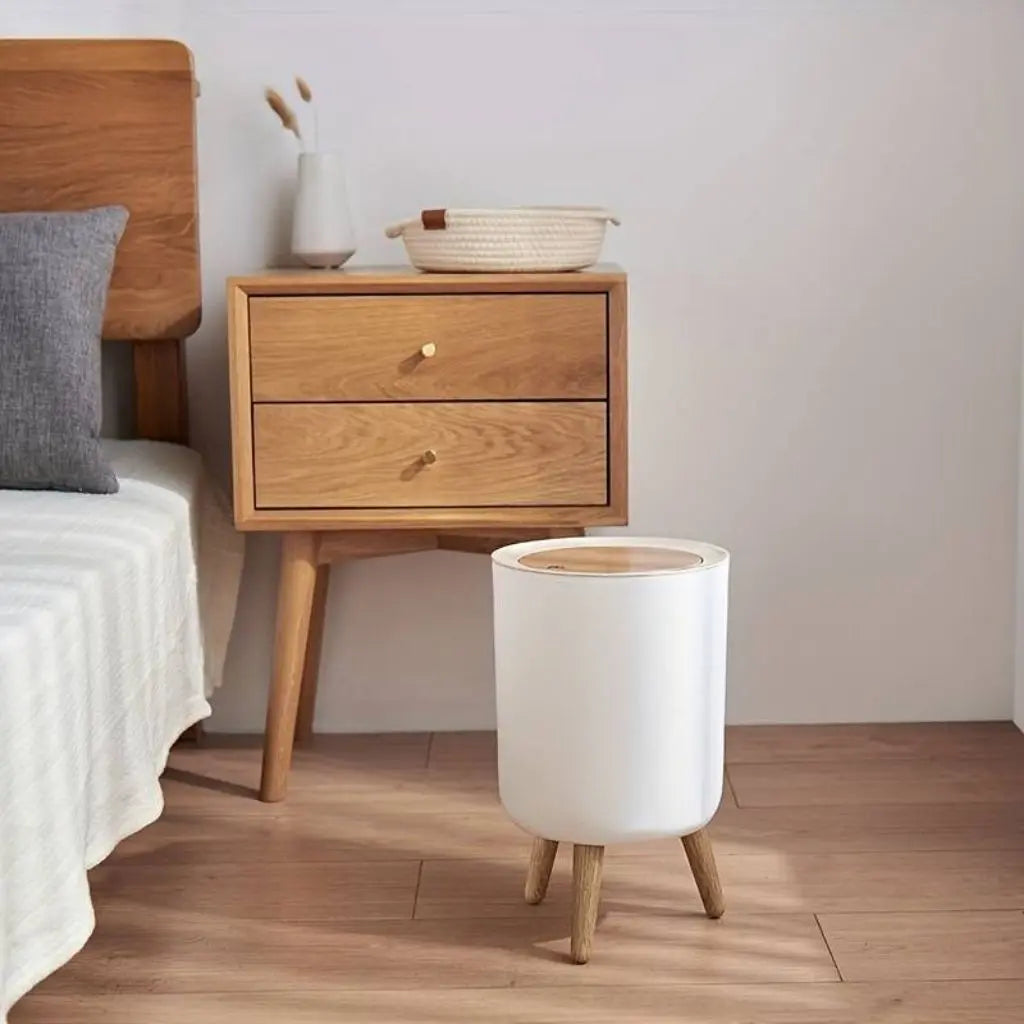 Vora Push-Lid Trash Can With Wooden Legs