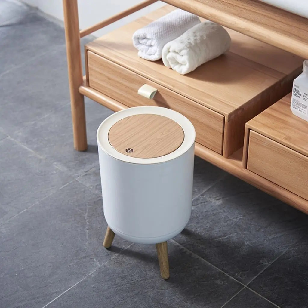 Vora Push-Lid Trash Can With Wooden Legs