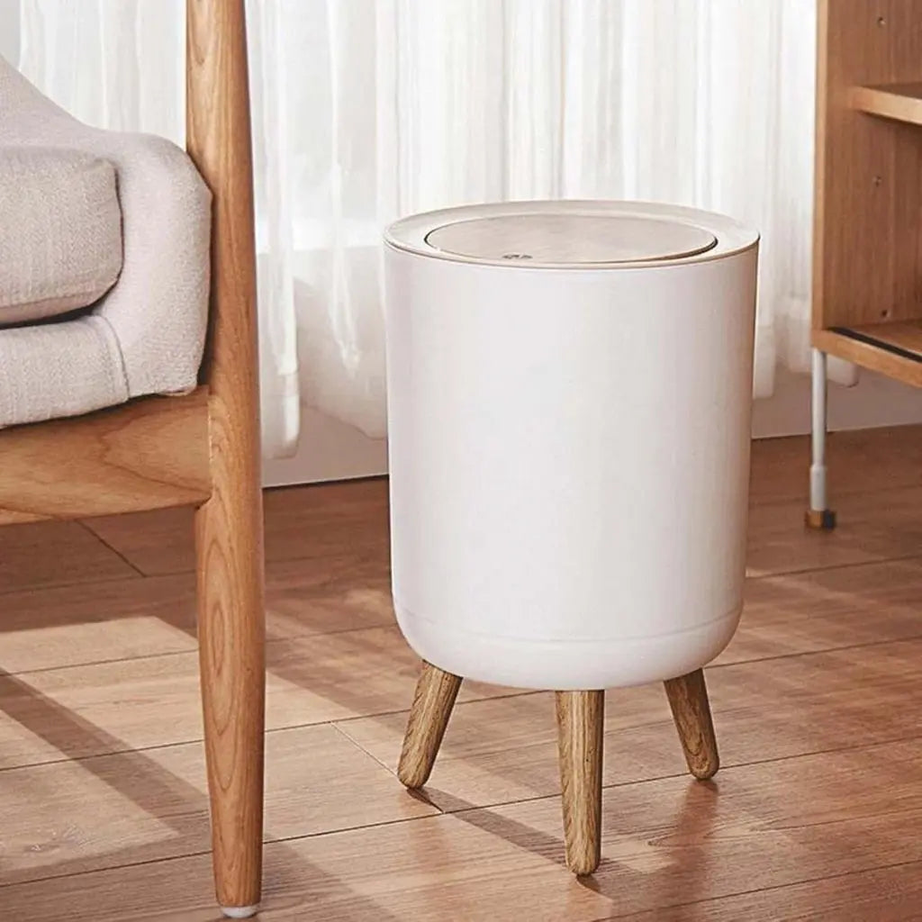 Vora Push-Lid Trash Can With Wooden Legs