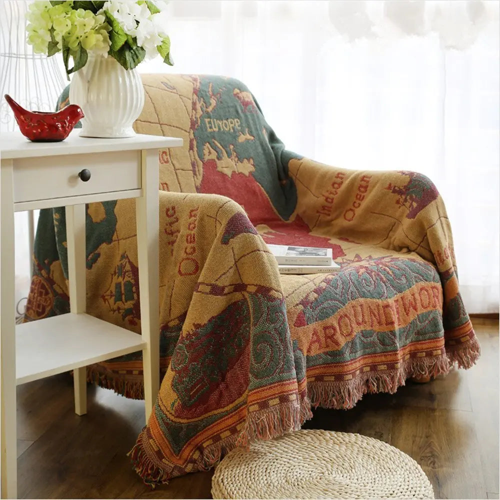 Wanderlust World Map Cotton Throw Blanket