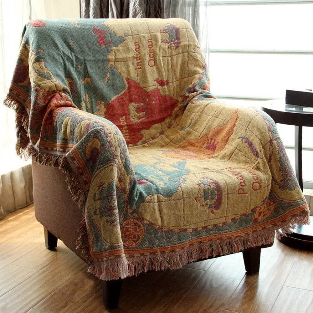 Wanderlust World Map Cotton Throw Blanket