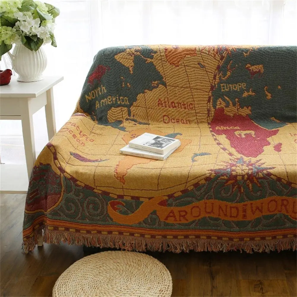 Wanderlust World Map Cotton Throw Blanket