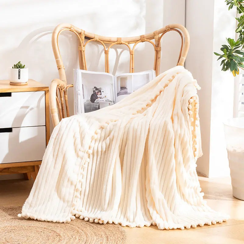 Velvet Pom Fringe Soft Flannel Throw Blanket