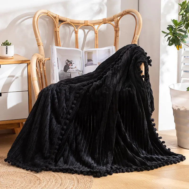Velvet Pom Fringe Soft Flannel Throw Blanket